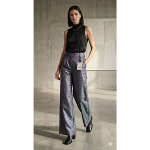Hosbjerg Iridescent Jacquard‎ Wide Leg Paisley Trousers Purple Teal Size XS